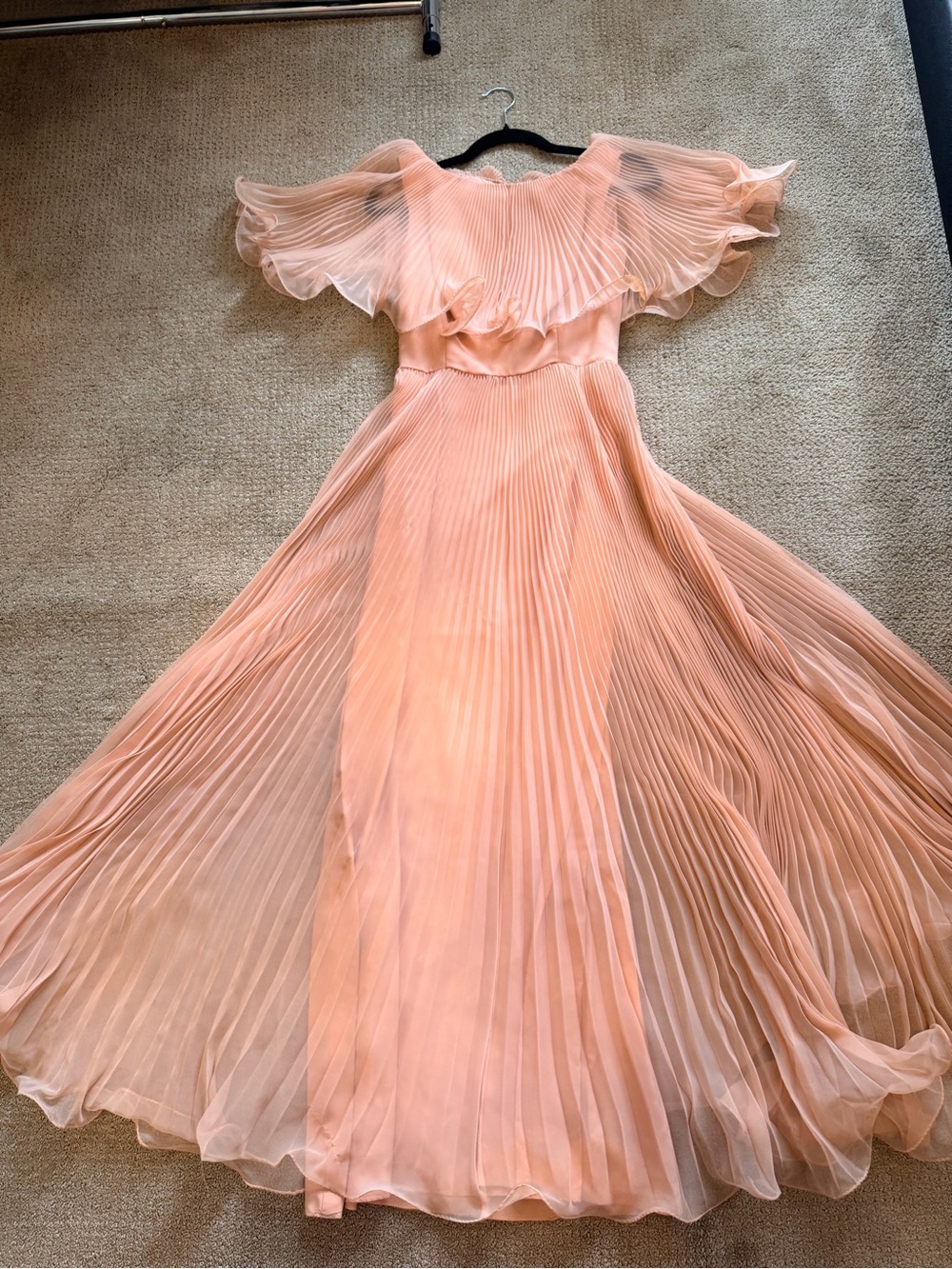 Vintage 1960โs Peach Pleated Chiffon Maxi Dress - Picture 7 of 13